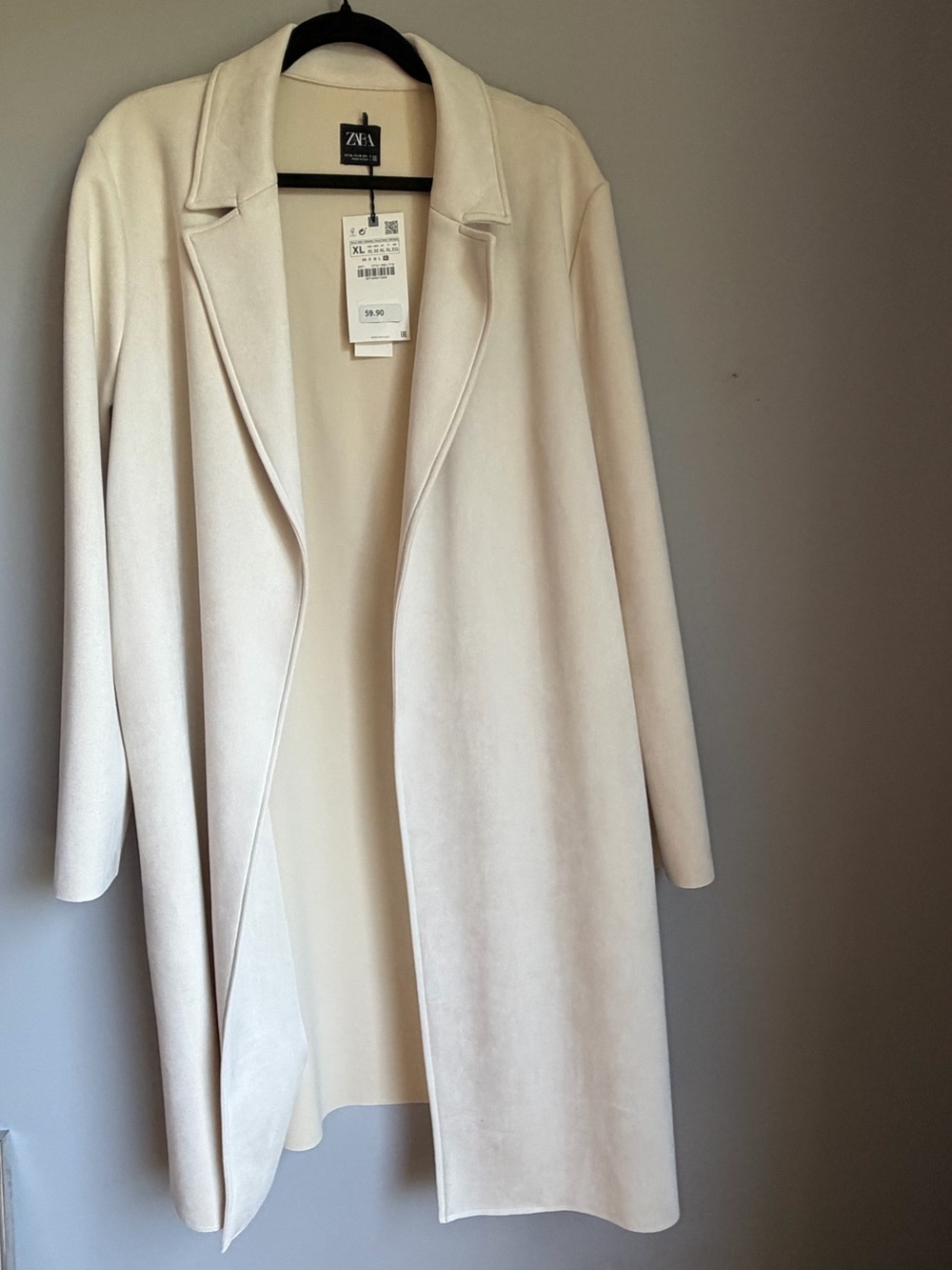Zara Cream Long Open Front faux Suede Coat